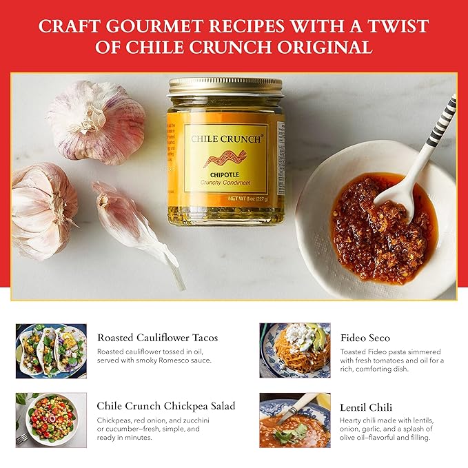 CHILE CRUNCH - Chipotle Spicy Crunchy Condiment - All Natural Roasted Chili Peppers Garlic &amp Onion Crisp Sauce - Vegan Gluten-Free No Preservatives - Homemade Authentic Mexican Recipe 5.5oz (3