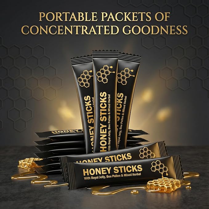 Organics Honey Sticks - Black Honey for Men Natural Energy &amp Vitality Packs Made from Royal Jelly Bee Pollen &amp Powerful Herbal Extracts Male Wellness &amp Daily Support - 10 Sticks
