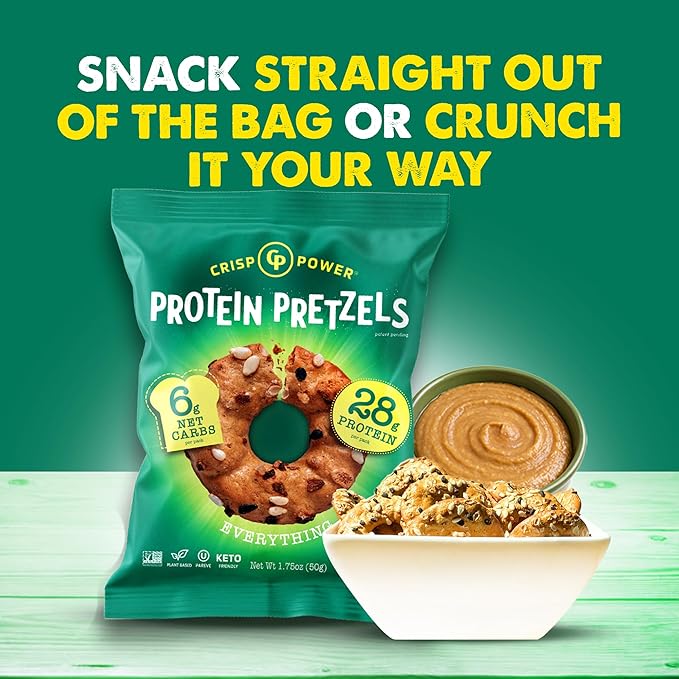 CRISP POWER Protein Pretzels Everything 28G Protein High Protein Snack High Fiber Low Carb Crunchy Pretzel Snacks No Added Sugar 1.75 oz Bags 6 Pack Vegan Keto