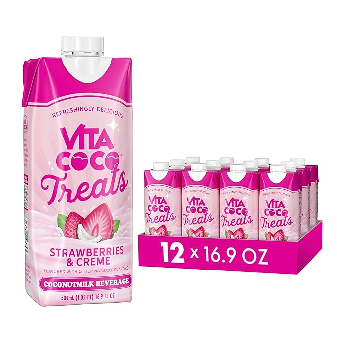 Vita Coco Treats Strawberries &amp Creme Coconut Milk Drink | Sweet Refreshing Treat | Cremey Pink Drink Alternative | 16.9 fl oz (Pack of 12)