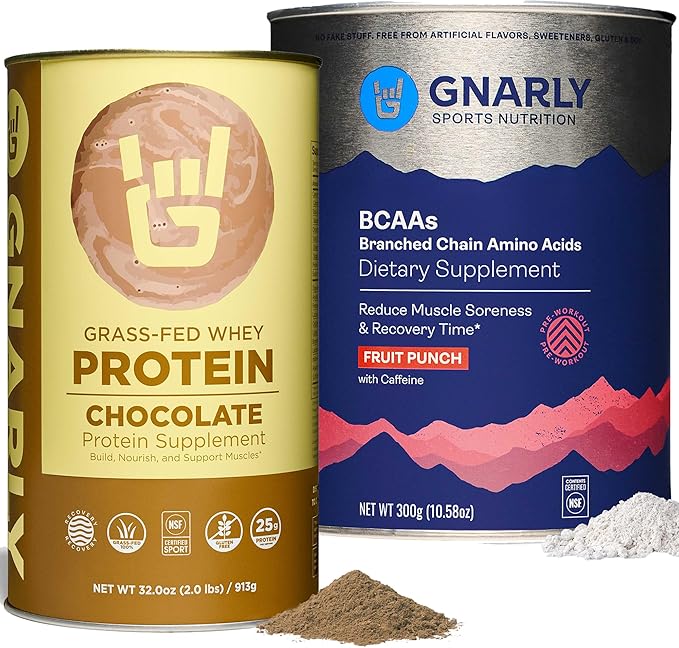 Gnarly Nutrition Gnarly Whey Grass-Fed Protein Supplement Chocolate (32.0oz) BCAAs Fruit Punch (10.58oz)