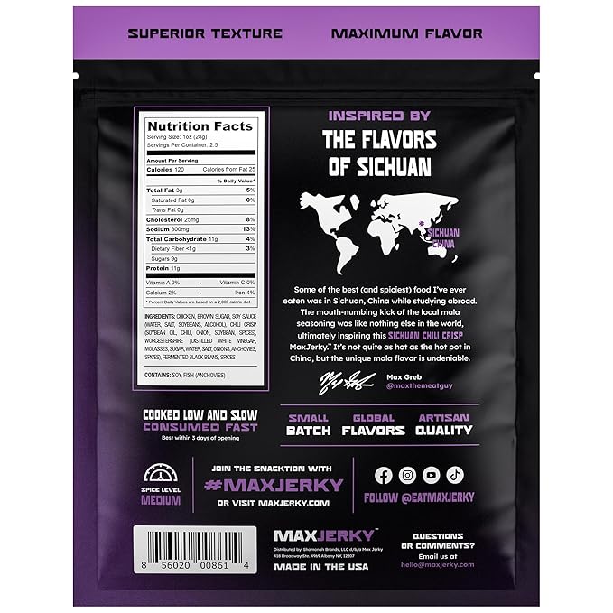 MaxJerky Sichuan Chili Crisp Chicken Jerky 27.5 Grams of Protein 2.5 OZ (4 Pack)