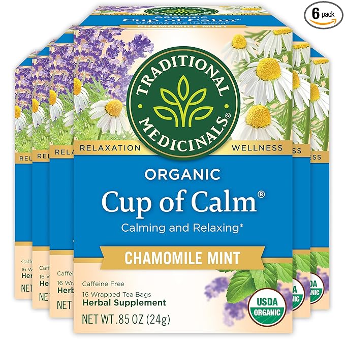 Traditional Medicinals Tea Organic Cup of Calm Calming &amp Relaxing with Chamomile Mint Kosher Non-GMO Caffeine-Free Compostable - 96 Tea Bags (6 Pack)