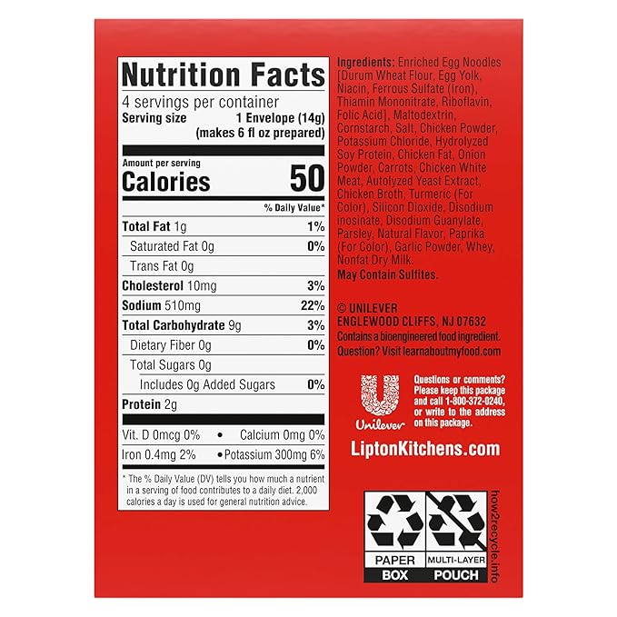 SOUP SECRETS Lipton Cup-a-Soup Instant Soup Mix 12 Count Chicken Flavor Noodle For a Warm Cup of Soup Only 50 Calories Per Serving 1.8 oz
