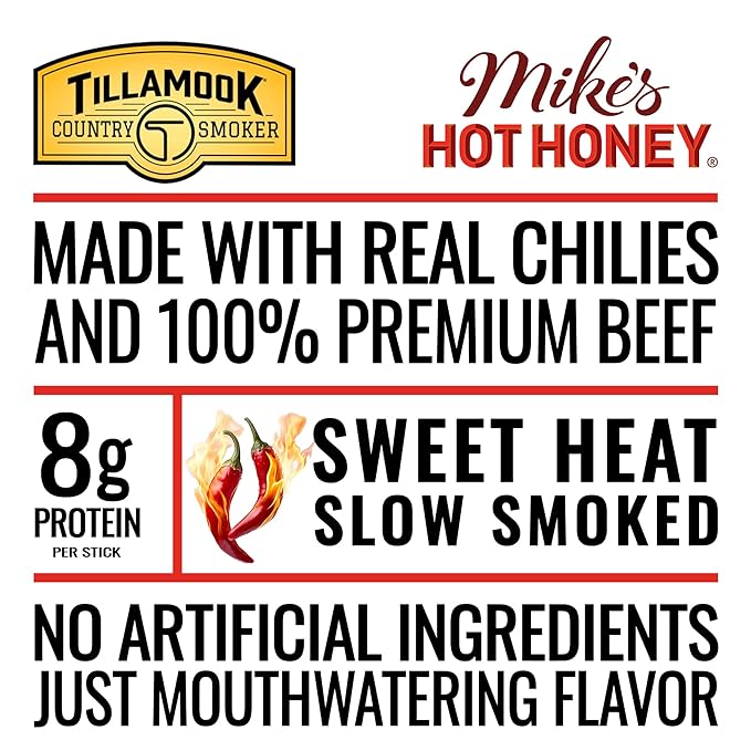 Tillamook Country Smoker 100% Premium Beef Sticks Mike's Hot Honey 1 Ounce (24 Sticks) Real Hardwood Smoked Sausages Low Carb High Protein Individually Wrapped Ready to Eat Sweet &amp Spicy Sna