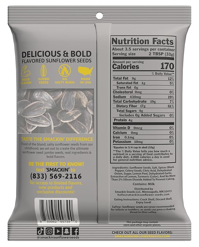 SMACKIN' - Jumbo Roasted Sunflower Seeds No Salty Burn American Made Easy Pour &amp Seal - Lemon Pepper 4oz bag (12 Bags)