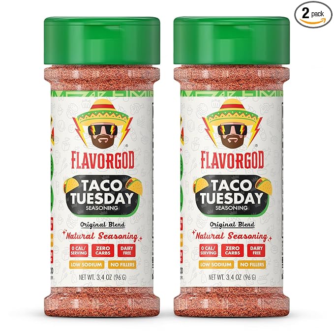 Flavor God 2 Bottles Taco Tuesday Seasoning Mix Natural Healthy Spice Blend For Grilling Chicken Beef Seafood Vegetables Salad Tacos Pizza Kosher Gluten &amp Dairy Free Vegan Keto Friendly