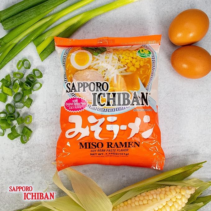 [SAPPORO ICHIBAN] Miso Flavor Ramen Noodles No. 1 Tasting Japanese Instant Noodles (3.5 Oz. x 24 pouches)