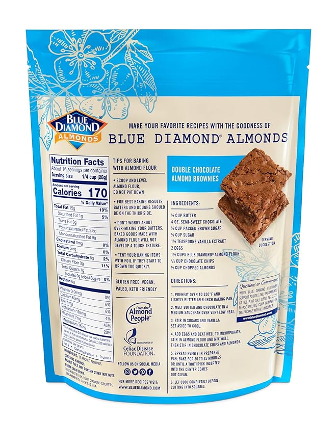 Blue Diamond Almonds Almond Flour Gluten Free Blanched Finely Sifted 1 Lb (Pack of 2)
