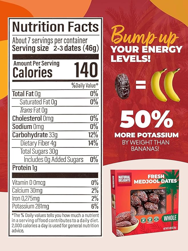 Natural Delights Medjool Dates Whole - Non-GMO Verified Fruit Good Source of Fiber &amp Potassium Naturally Sweet Snack for On-the-Go Large &amp Plump Dates - Bulk 5 lb Box (Pack of 2)