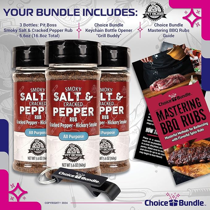 Pit Boss Smoky Salt &amp Cracked Pepper All Purpose AP Premium BBQ Barbecue Mixed Seasoning Spice &amp Rub 3 pk Choice Bundle (16.8 oz) + Guide &amp Keychain Bottle Opener (5 Items)!