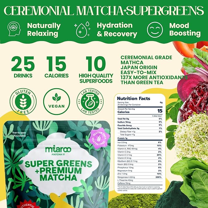 Matcha Supergreens Blend – Ceremonial Green Tea Powder with Spirulina Alfalfa Beets Moringa &amp More | 70mg Caffeine Zero Sugar – Functional Greens Formula (150g 25 Servings)