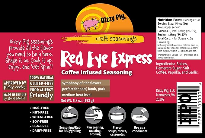 Dizzy Pig Red Eye Express Coffee-Infused Seasoning Rub (8oz Shaker) - Seasons 30+lbs of Food - Hand Made in the USA - MSG Free Gluten Free (Pack of 2)