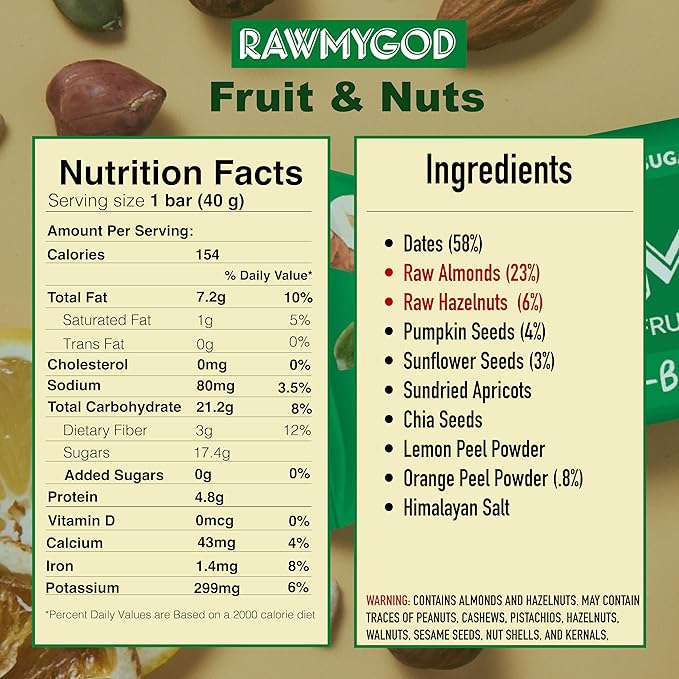 RAWMYGOD Fruit and Nut Bars Good Source of Protein (4.8g 12% protein content) Gluten Free Vegan No Added Sugar (16 bars Fruit &amp Nuts)