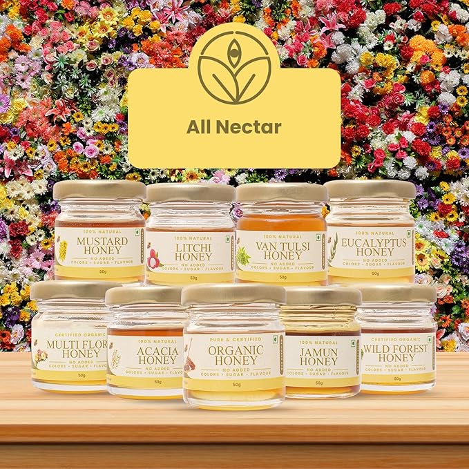 Shiva Organic Natural Nectar Honey Tasters - Pack of 9 | 50g Each | 450g Total | Explore a Variety of Pure Honey Flavors