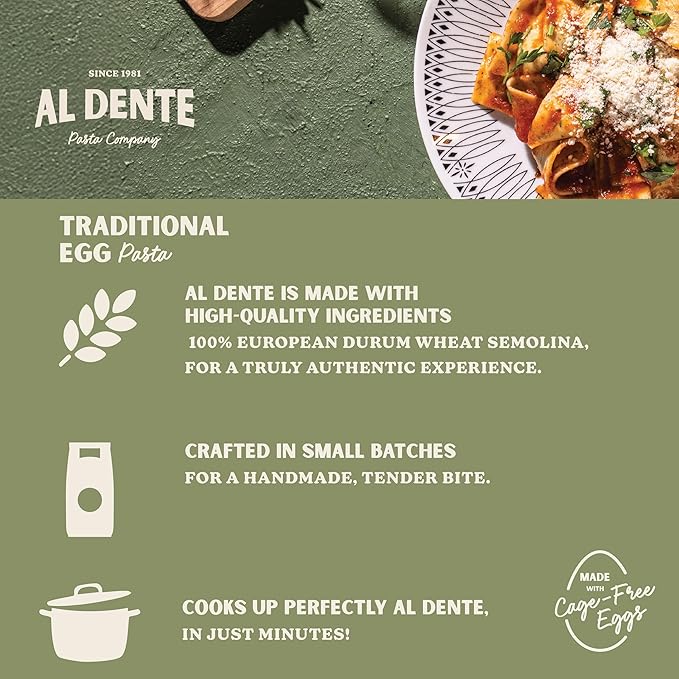 Al Dente Golden Egg Fettuccine – All-Natural Hand-Crafted Egg Pasta. Traditional Pasta Noodles Made with Cage-Free Eggs and Semolina. Great for Pastas Soups Stews. 12oz Bags (Pack of 6)