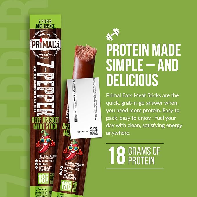 Primal Eats 7-Pepper 100% Beef Brisket Meat Sticks 3oz 10-Pack - 18g Lean Meat Protein Keto Paleo Carnivore Gluten Free Zero Sugar Beef Jerky Snack Stick