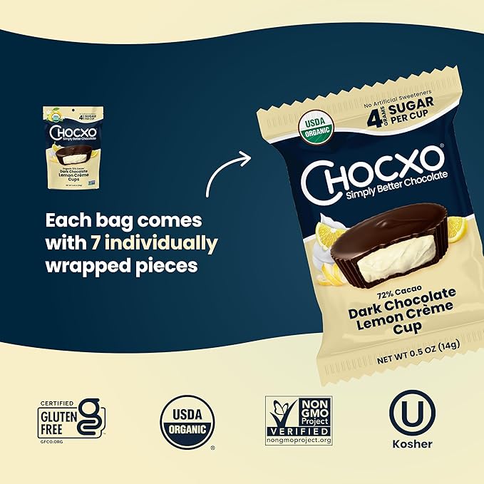 Chocxo Dark Chocolate Lemon Crème Cups - Lower Sugar Organic 72% Cacao NonGMO Keto Gluten Free Kosher No Artificial Sweeteners/Sugar Alcohols 3.45 oz (Pack of 6)