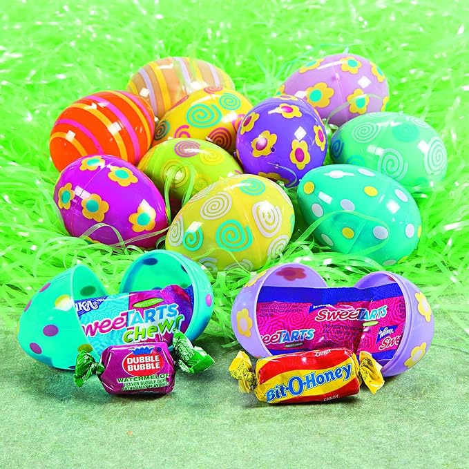 Fun Express Candy Filled Easter Eggs Bulk 24 Pack - Pre-Filled Plastic Eggs with Assorted Sweet Treats for Easter Egg Hunt | Colorful Spring Party Supplies for Kids &amp Family Celebrations