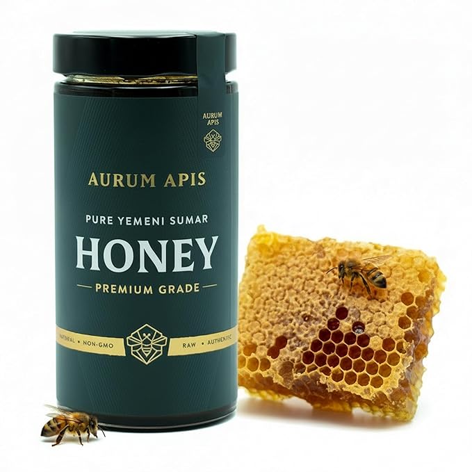 Aurum Apis Raw Yemeni Sumar Honey 100% Raw Unfiltered Pure Honey Hand Harvested Organic Honey Non-GMO Unprocessed Certified Organic Honey from Sumar Tree Rich Flavor &amp Aroma – 1kg Honey Jar