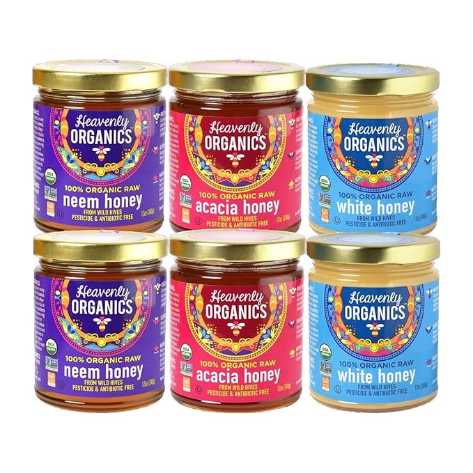 Heavenly Organics 100% Organic Raw Honey(12Oz Double Variety) Lightly Filtered to Preserve Vitamins Minerals and Enzymes Made from Wild Beehives &amp Free Range Bees Dairy Nut Gluten Free Kosh