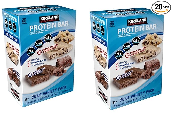 Kirkland Signature Variety Protein Bars 20 count 21G Of Protein 4G Of Carbs and 1G Of Sugar Chocolate Brownie and Chocolate Chip Cookie Dough 2 Boxes