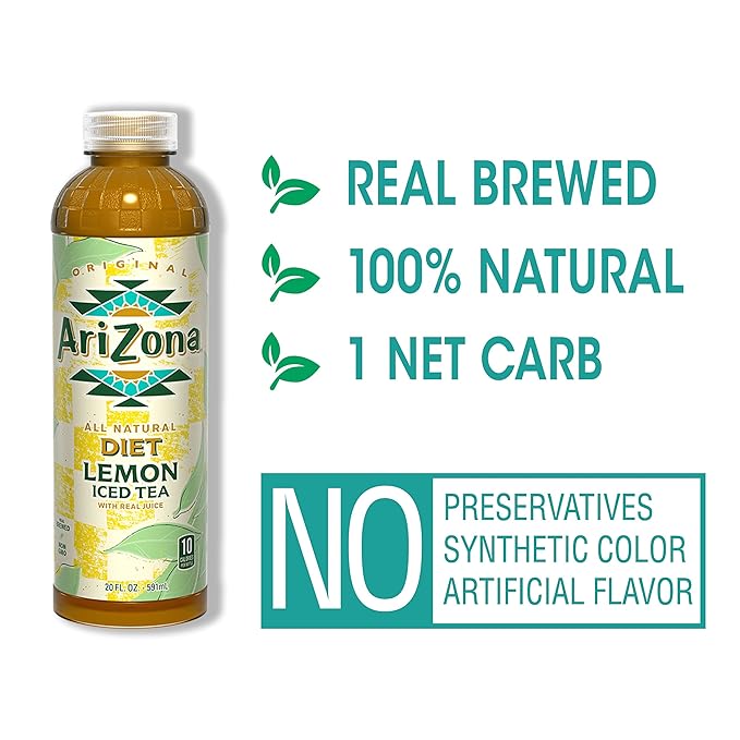 AriZona Diet Lemon Tea 20 Fl Oz Pack of 24 - All Natural Brewed Tea