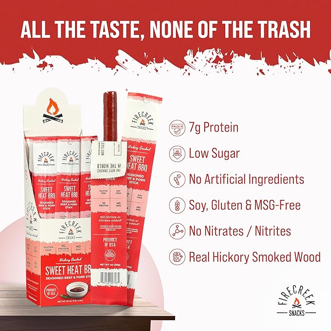 FireCreek Snacks Beef Sticks (Jerky Sticks) Hickory Smoked Beef &amp Pork Meat Sticks 20 Pack (1 oz) 7g Protein Gluten Free Soy Free No MSG Sweet Heat BBQ