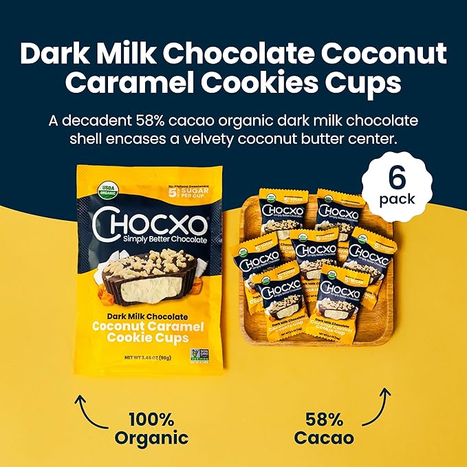 Chocxo Dark Milk Coconut Caramel Cookie Cups - Lower Sugar Organic NonGMO Keto Gluten Free Kosher. 58% Cacao No Artificial Sweeteners/Sugar Alcohols 3.45 oz (Pack of 6)