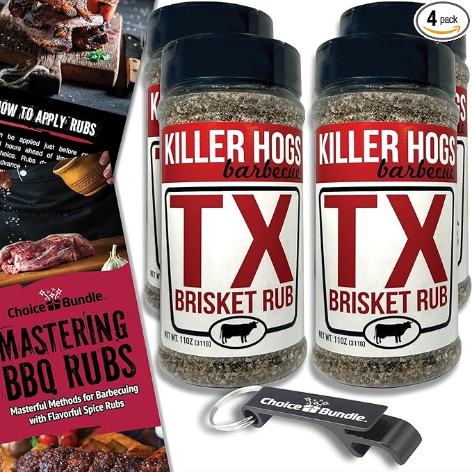 Killer Hogs TX Brisket Rub - Texas Style Premium BBQ Seasoning 4 pk (44 oz) + Barbecue Masters &amp Bottle Opener (6 Items)!