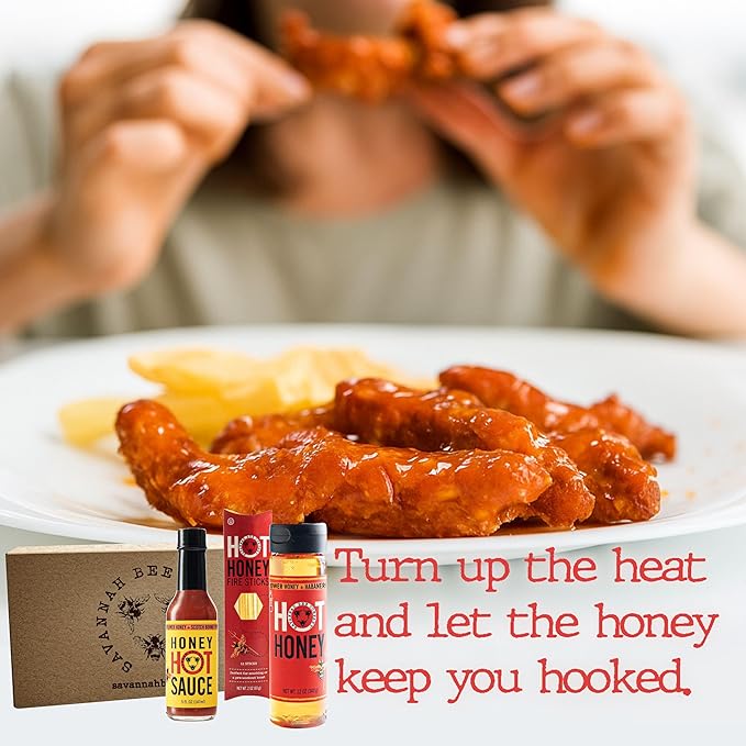 Savannah Bee Company Hot Honey Box Gift Set - Award-Winning Honey Collection - Includes Hot Honey Sauce and Fire Sticks - Perfect Gourmet Gift for Spice Lovers