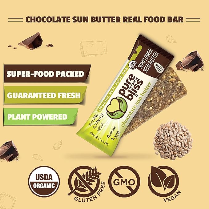Organic Real Food Bar (Chocolate Sun Butter) Non-GMO Gluten Free Vegan Nutrition Bars Energy Bars Super Food Simple Ingredients Best Tasting Healthy Snack Breakfast Bars Dairy Free Soy Free