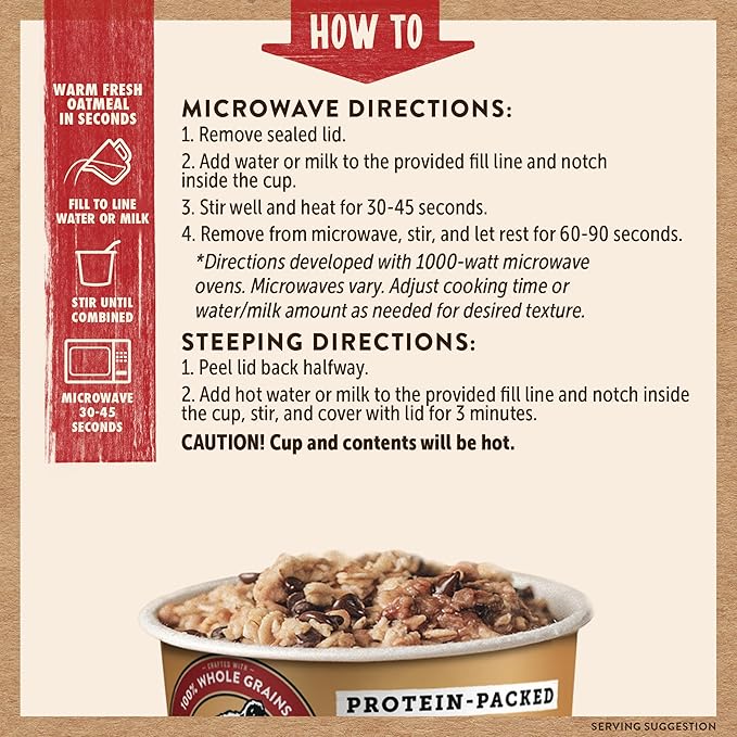 Kodiak Cakes Instant Oatmeal Cups Peanut Butter Chocolate Chip High Protein 100% Whole Grains (12 cups)