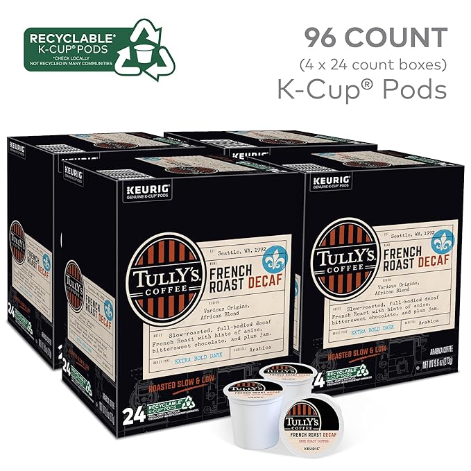 Tully's Coffee French Roast Decaf Keurig Single-Serve K-Cup Pods Dark Roast 96 Count