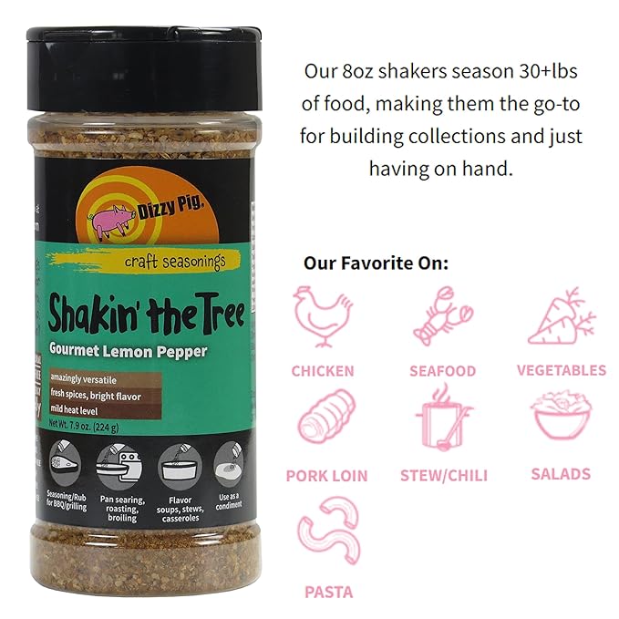 Dizzy Pig Shakin' the Tree Gourmet Lemon Pepper Seasoning Rub (8oz Shaker) - Seasons 30+lbs of Food - Hand Made in the USA - MSG Free Gluten Free (Pack of 2)