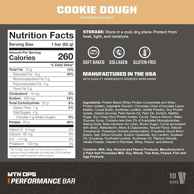 MTN OPS Protein Bars – High Protein Bar with 20g Whey Isolate &amp Collagen Low Sugar Gluten-Free Protein Snack Cookie Dough 10 Bars