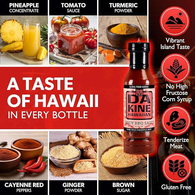 Da Kine Hawaiian Spicy BBQ Sauce Premium Gourmet Barbecue Sauce Made in Small Batches Gluten-Free BBQ Sauce for Meat Fish and Vegetables - Spicy (3 Pack)