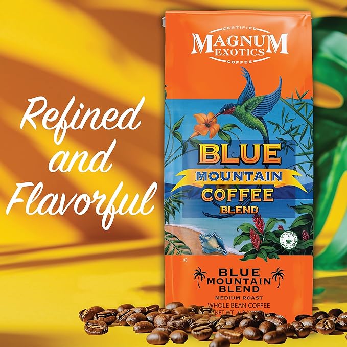 Magnum Exotics Coffee Blue Mountain Coffee Blend - Medium-Light Roast Whole Bean Made from 100% Arabica Beans Rich &amp Smooth Flavor Fresh Roast - Blue Mountain Blend 2 Lb