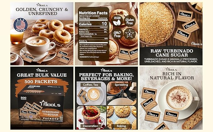 Raw Sugar Packets 500 Count – Individually Wrapped Turbinado Cane Sugar – Perfect for Coffee Tea and On-the-Go Sweetening