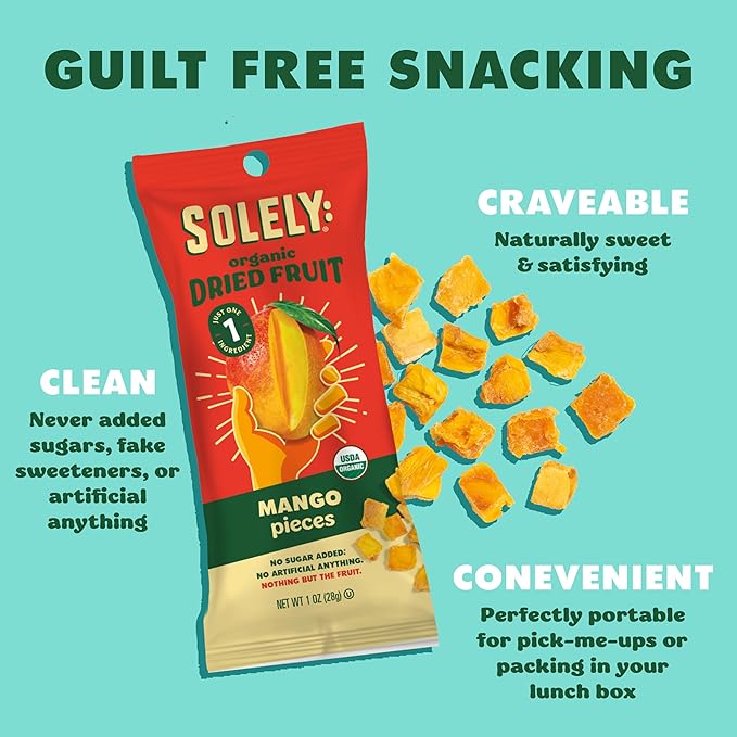 SOLELY - Organic Dried Fruit Mango Pieces (1 Box 12 Single Serving Bags per Box) - Real Fresh Fruit - Healthy Snacks for Adults &amp Kids - Non GMO Vegan Snacks Shelf Stable - 12 Bags (1 oz)