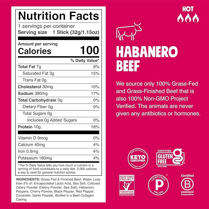 Chomps Grass-Fed and Finished Spicy Habanero Beef Jerky Snack Sticks 24-Pack - Keto Paleo Whole30 10g Lean Meat Protein Gluten-Free Zero Sugar Food Non-GMO