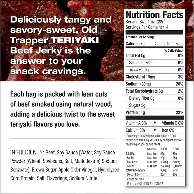 Old Trapper Beef Jerky Teriyaki 1/4-Pound Individual Package Savory and Sweet Meat Snack for Lunches or Between Meals 11 Grams of Protein Zero Grams of Fat 70 Calories per Serving (Pack of 8)