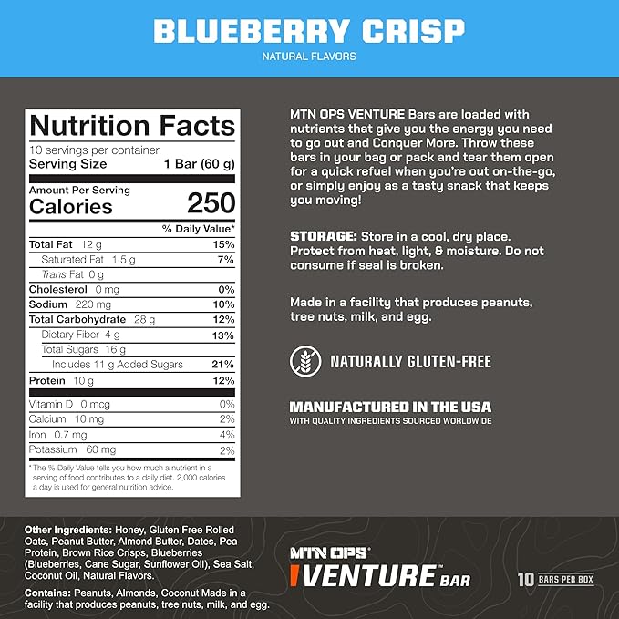 MTN OPS Protein Bars – Energy Snack with 10g Protein Gluten-Free Blueberry Crisp Venture Bar for Hiking &amp On-the-Go Fuel 10 Bars