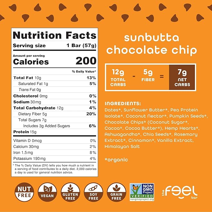Feel Vegan Protein Bars Sunbutta Choco Chip Keto Gluten Free Organic 15g Plant Protein Low Carb High Protein Dairy Free Low Sugar Nut Grain Soy Free Non GMO 10 Pack