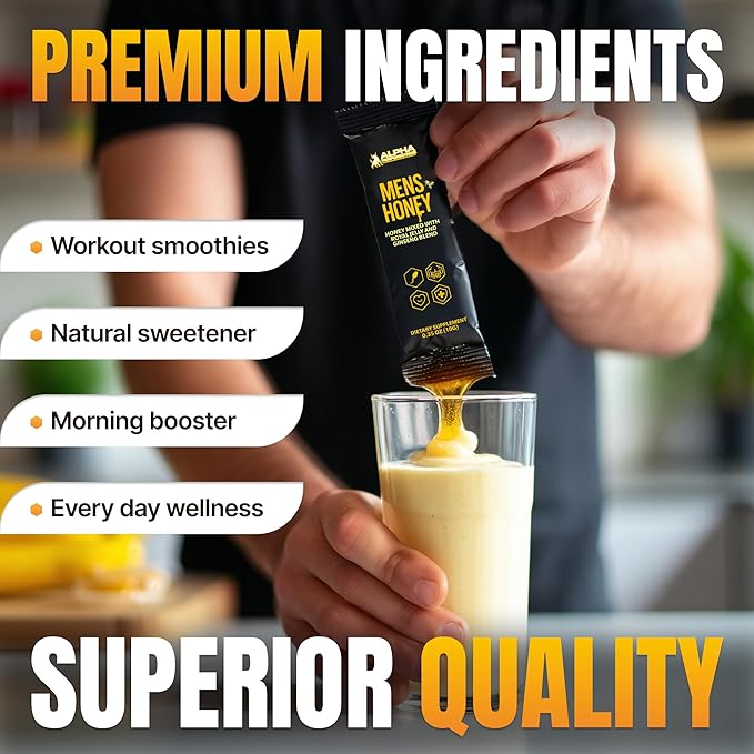 Royal Jelly Honey for Men - Extra Strength Quality Improved Formula Herbal Superfood Mix - Raw &amp Natural Energy &amp Power Supplement No Added Sugar - 24 Individual Packets 10g