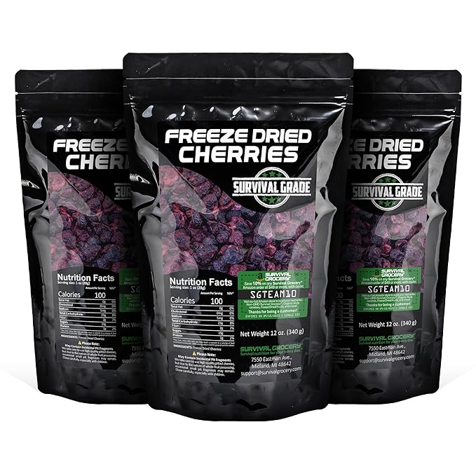 Freeze-Dried Sweet Cherries - Unsweetened No Preservatives Nutrient-Dense - Bulk &amp Multi-Pack Options by Survival Grocery® (36 oz./3 Resealable Bags)