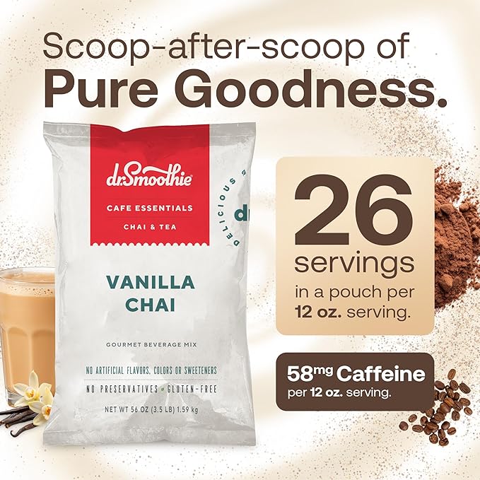 Dr. Smoothie Café Essentials Vanilla Chai – No Artificial Colors Flavors or Sweeteners – Shelf Stable – 58mg of Caffeine per Serving – Great for Hot Iced &amp Frozen Frappes (3.5 lb Bag 26 Servi