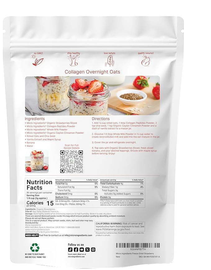 Micro Ingredients Organic Strawberries Sliced 6.4oz | 100% Natural Fruit | Freeze Dried Strawberry Source | No Sugar &amp Additives | Healthy Snack &amp Topping for Beverages or Recipes | Non-GMO