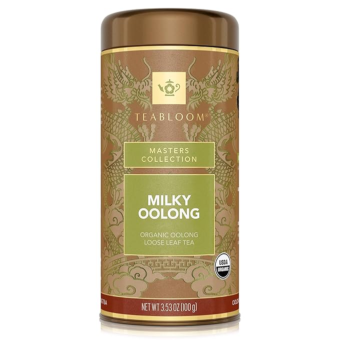Teabloom Organic Oolong Tea Milky Oolong Loose Leaf Tea Rolled Leaves Famous for its Milky Taste and Silky Texture 3.53 oz/100 g Canister Makes 35-50 Cups