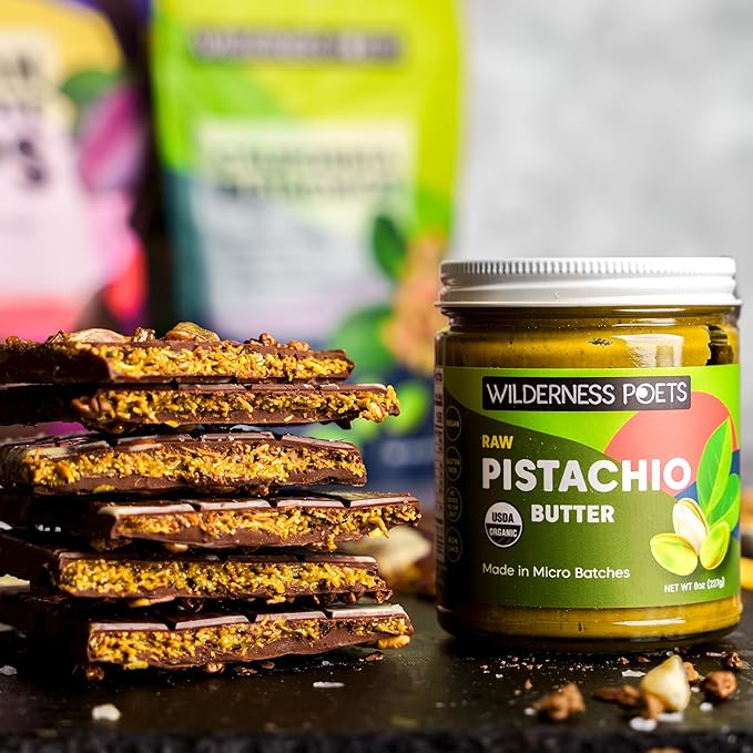 Wilderness Poets Organic Pistachio Butter - 3 Pack (8 Ounce) - Raw 100% Organic Pistachio - Perfect for Dubai Chocolate Bar Desserts with Kataifi or Savory Creations - Unsweetened California-Grown